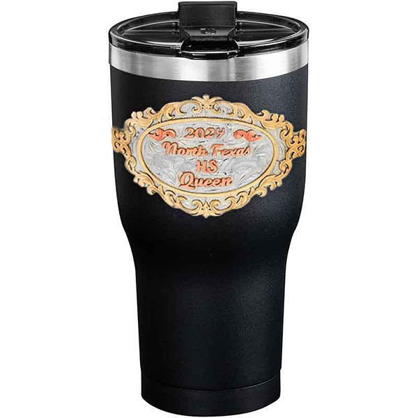 A customized tumbler made of stainless steel with a personalized engraved initials and North Texas High School Queen lettering, 30 oz, ideal for coffee or cool drinks